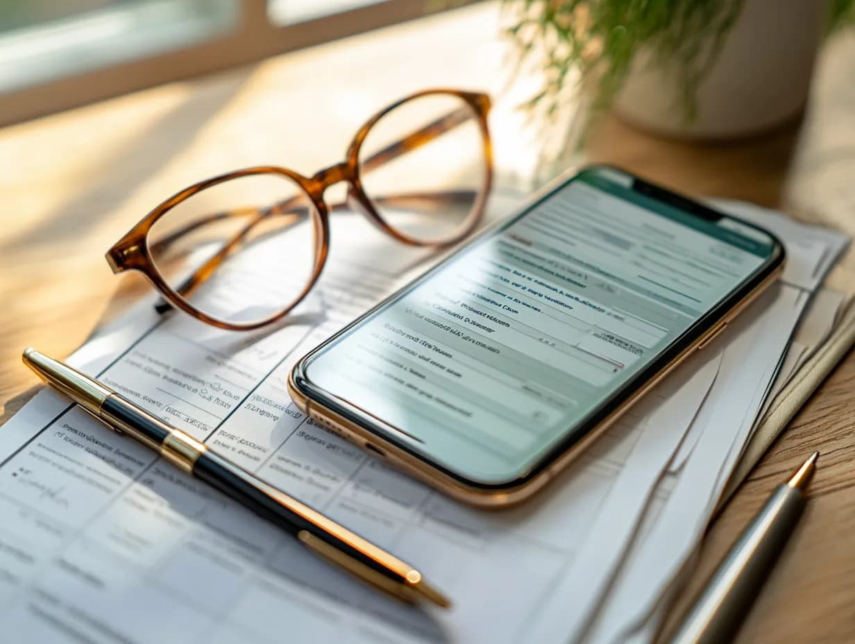 Desk with smartphone showing a property list